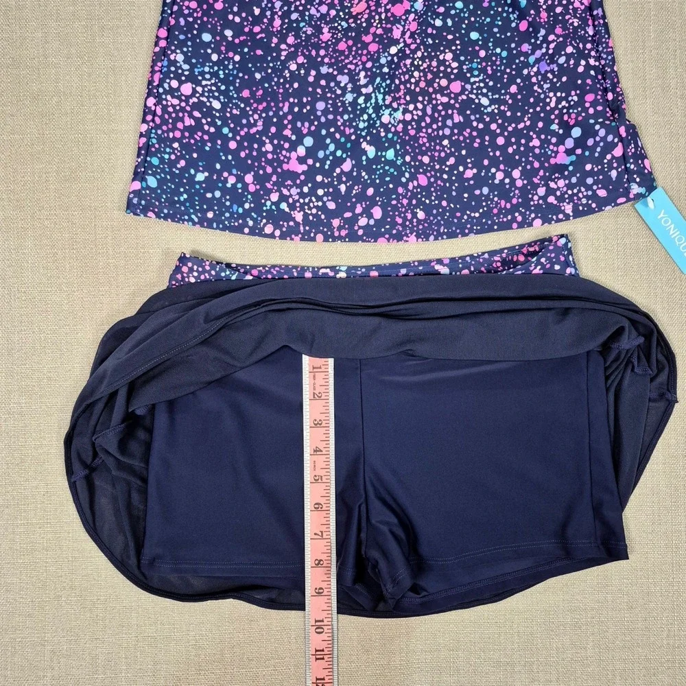 Yonique Womens Tankini Swimsuit Skirt Set Paint Splatter Navy Pink Size‎ M NWT